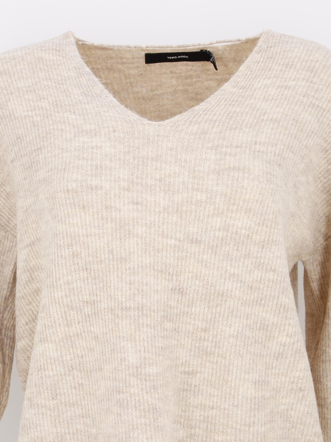 Pull maille fine col v crewlefile beige femme - Véro Moda