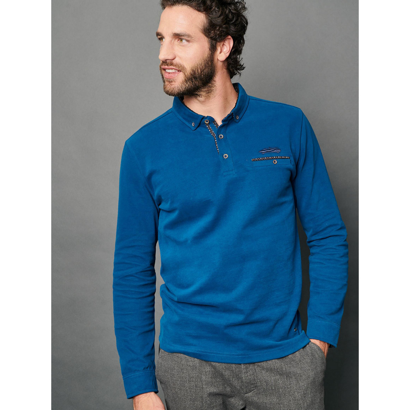Polo manches longues ludovic bleu homme - Delahaye