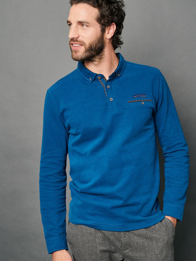 Polo manches longues ludovic bleu homme - Delahaye