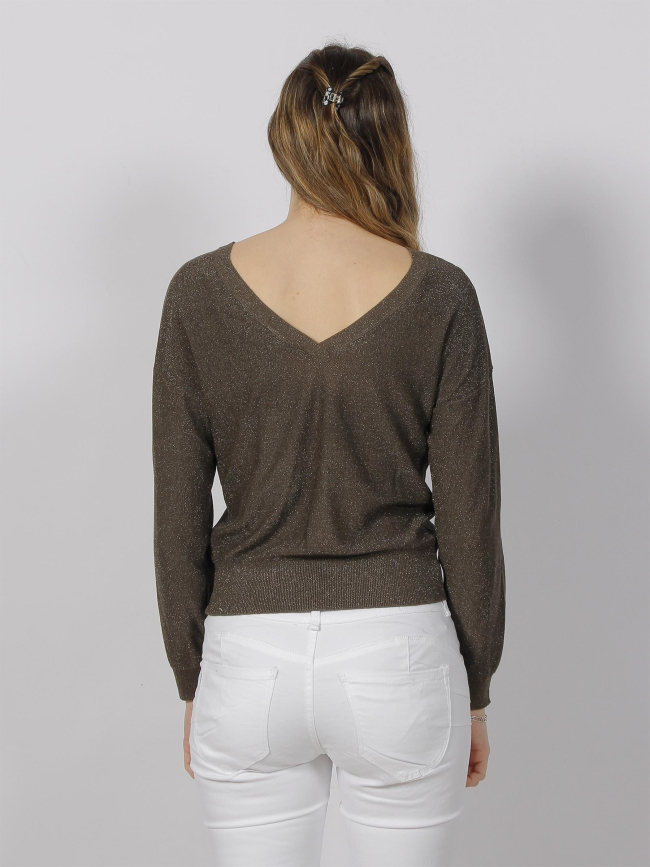Pull dos v pailleté kaki femme - Morgan