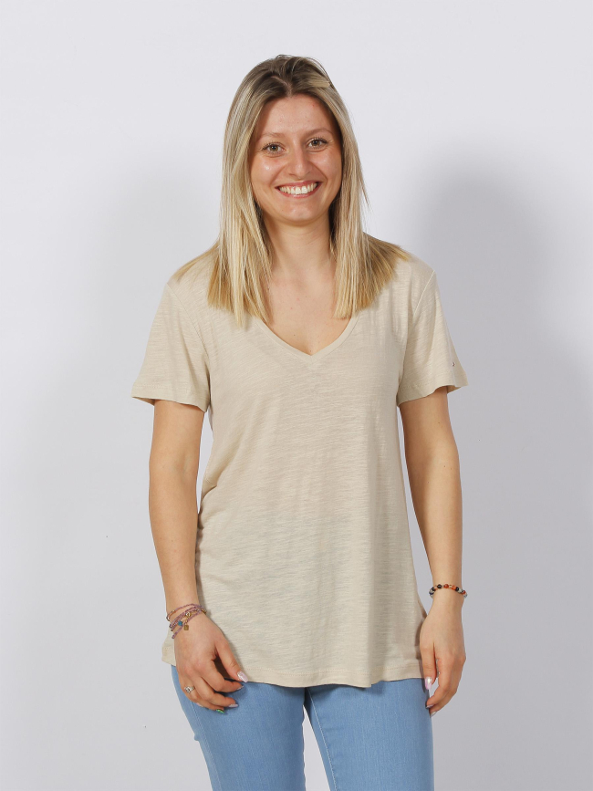 T-shirt regular col v lin beige femme - Tommy Hilfiger