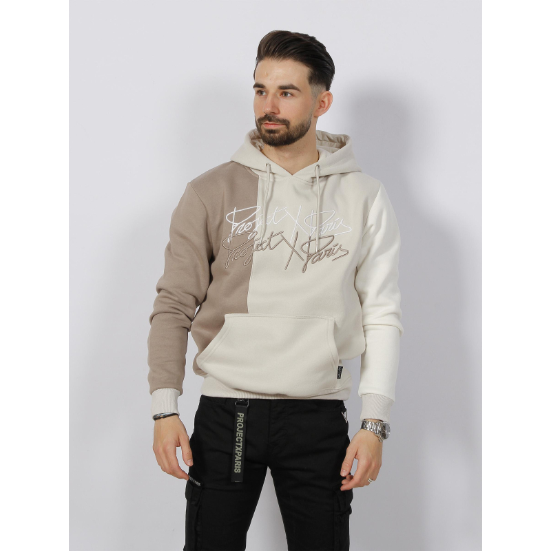 Sweat à capuche tricolore marron beige blanc - Project X Paris