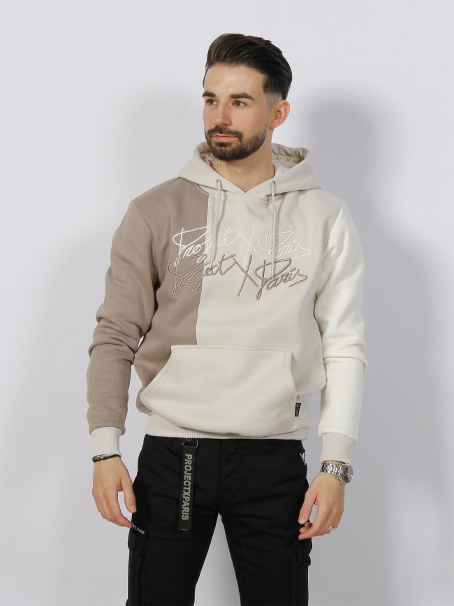 Sweat à capuche tricolore marron beige blanc - Project X Paris