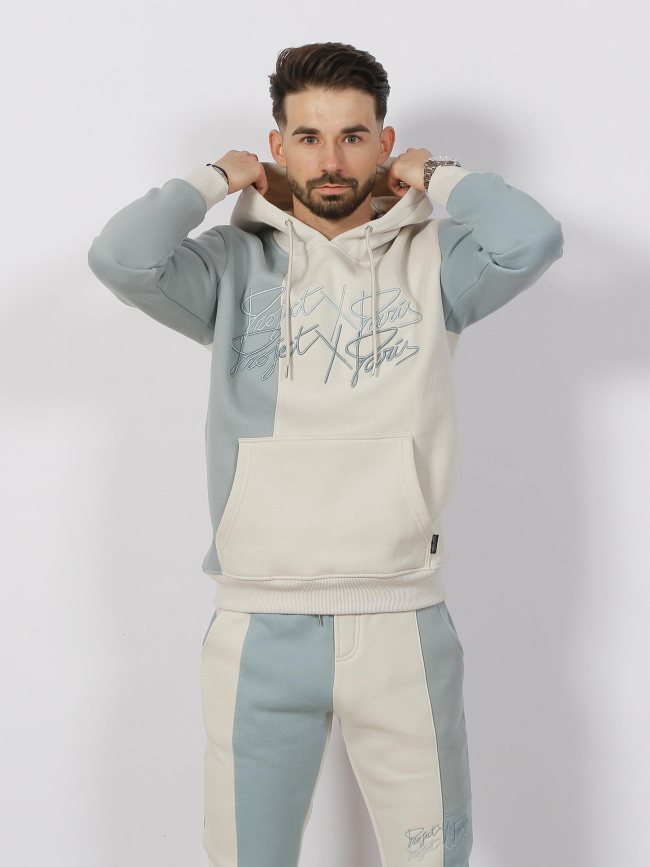 Sweat à capuche bicolore double logo beige bleu - Project X Paris