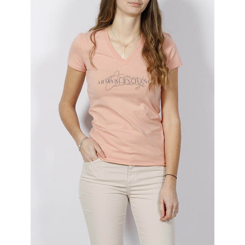 T-shirt col v uni strass rose femme - Armani Exchange