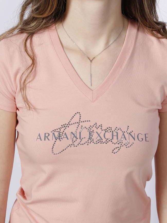 T-shirt col v uni strass rose femme - Armani Exchange