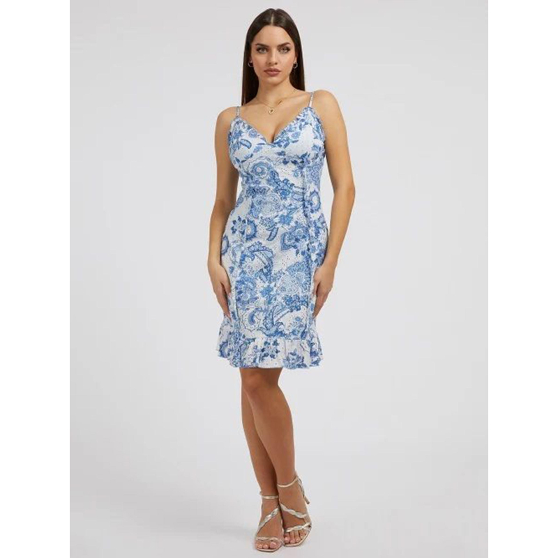 Robe courte à fleurs ajourée straps bleu femme - Guess