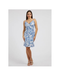 Robe courte à fleurs ajourée straps bleu femme - Guess