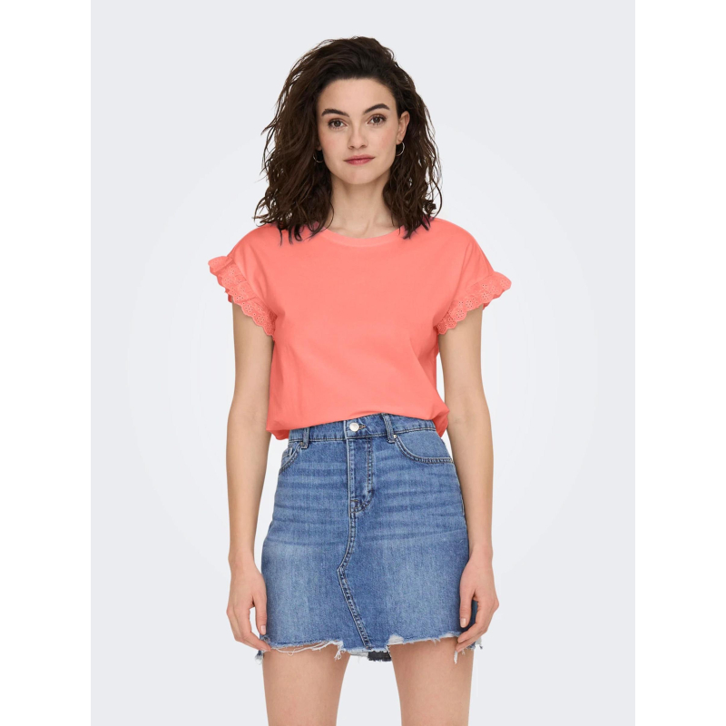 T-shirt iris manches ajourées orange corail femme - Only