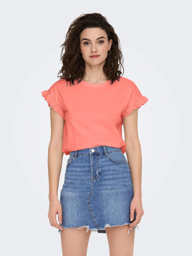 T-shirt iris manches ajourées orange corail femme - Only
