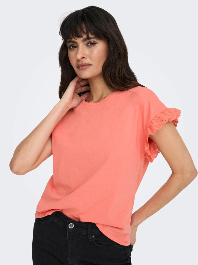 T-shirt iris manches ajourées orange corail femme - Only