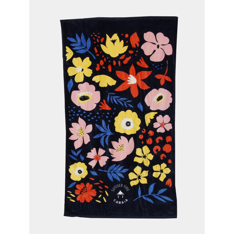 Serviette de plage rectangle à fleurs carnac bleu marine - Cabaïa