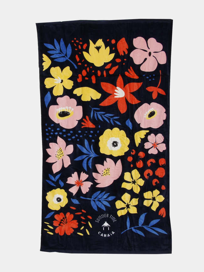 Serviette de plage rectangle à fleurs carnac bleu marine - Cabaïa