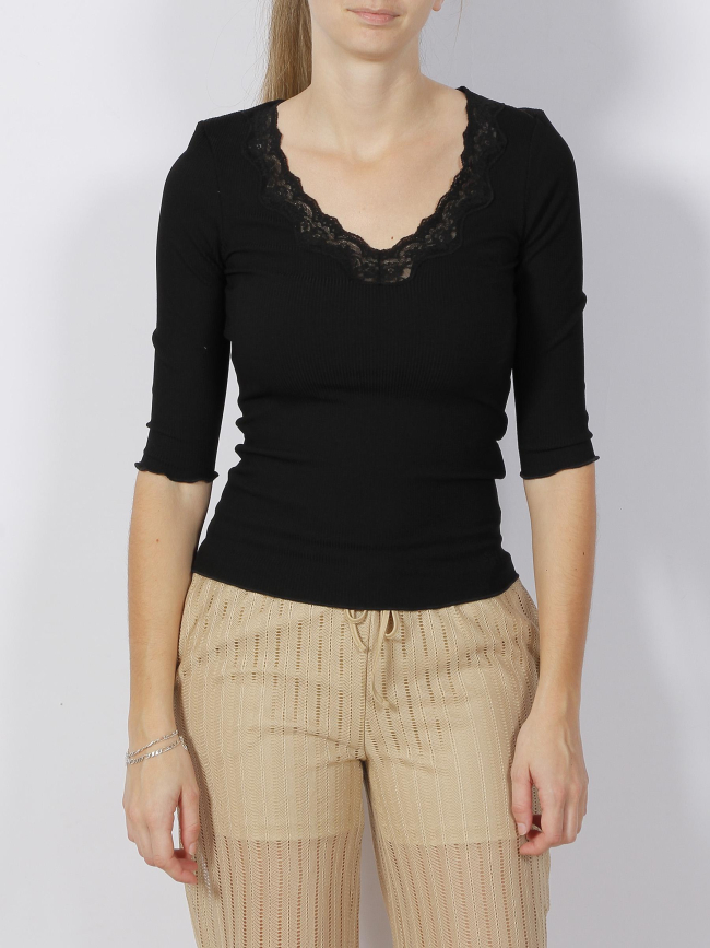 Top manches 3/4 col dentelle côtelé noir femme - Salsa