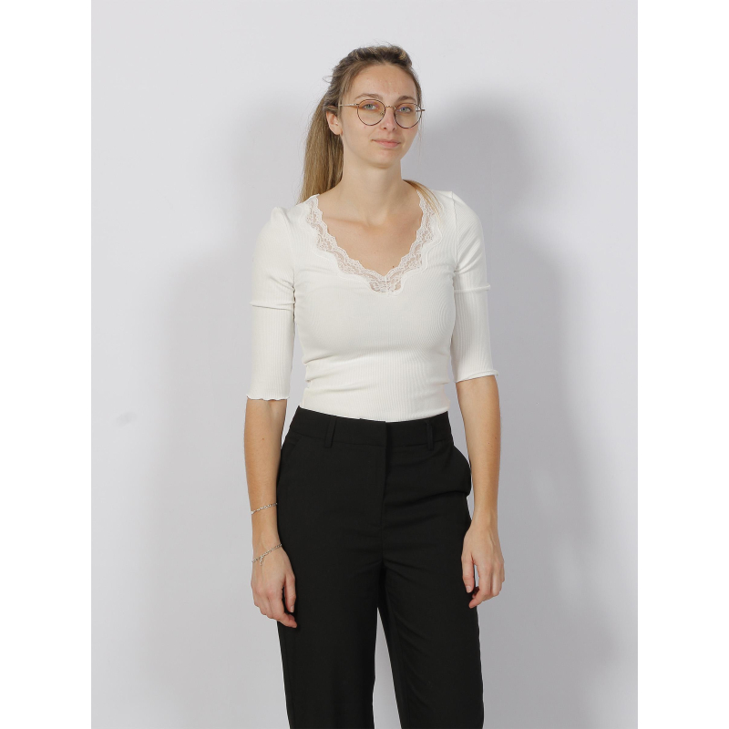 Top manches 3/4 col dentelle côtelé blanc femme - Salsa