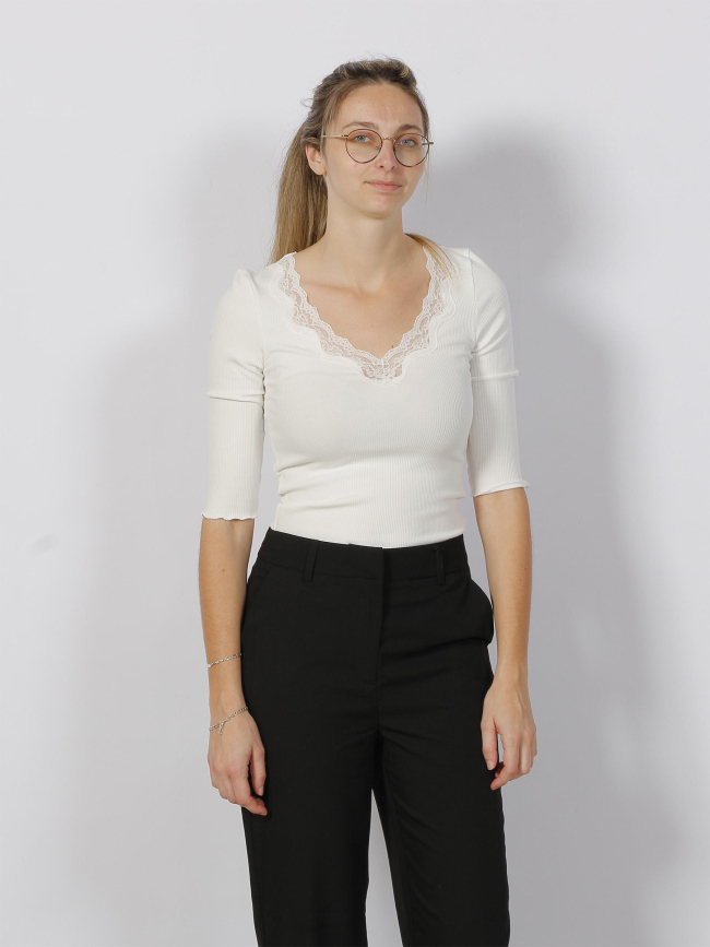 Top manches 3/4 col dentelle côtelé blanc femme - Salsa