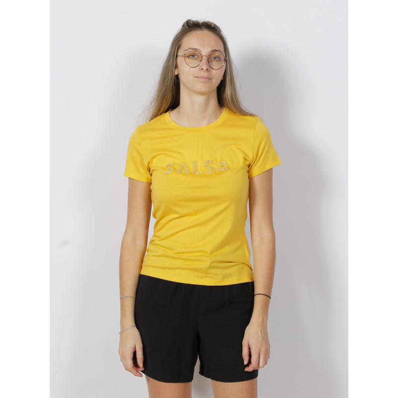 T-shirt sequin strass logo jaune femme - Salsa