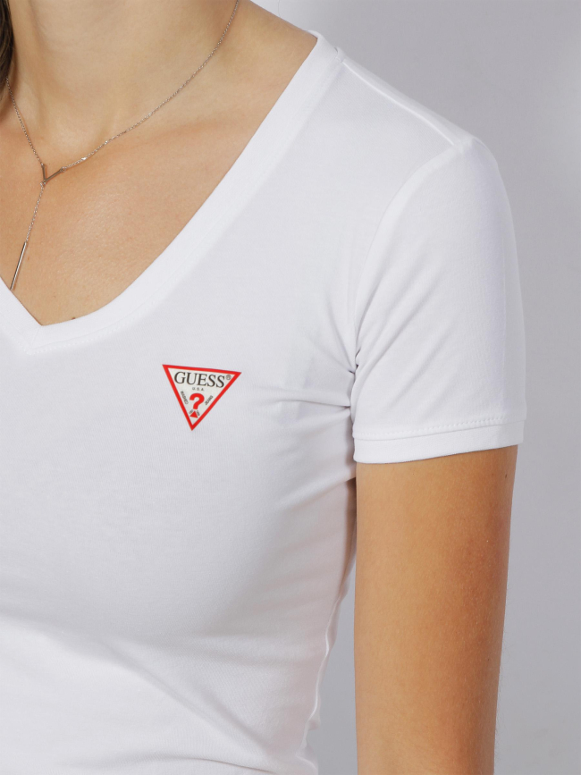 T-shirt col v mini triangle blanc femme - Guess