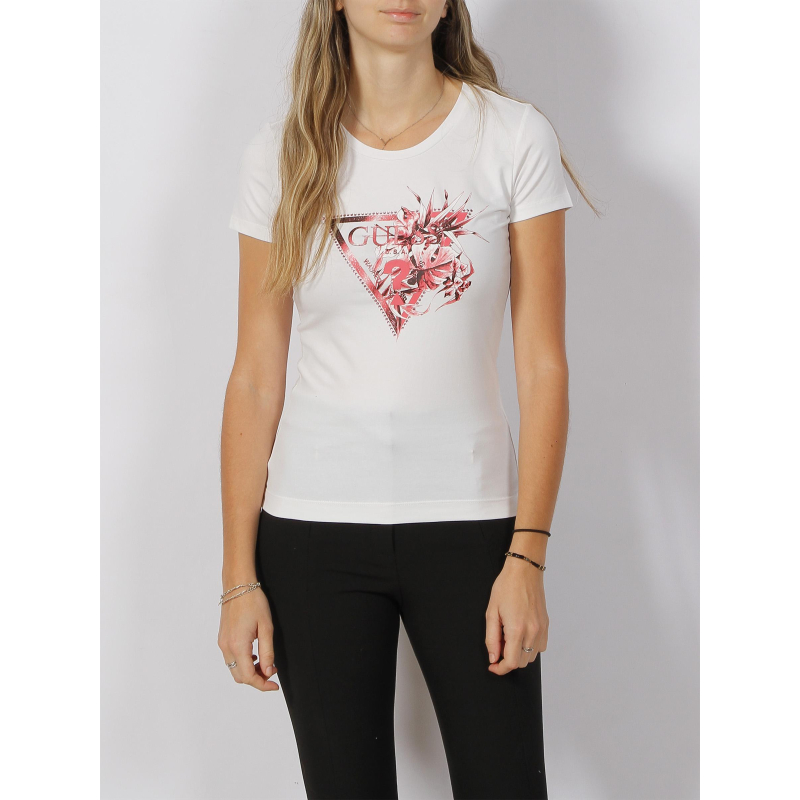 T-shirt logo triangle fleurs rose blanc femme - Guess