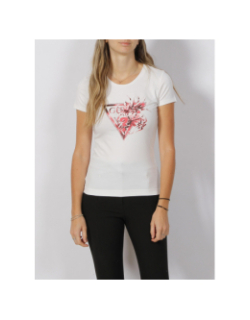 T-shirt logo triangle fleurs rose blanc femme - Guess