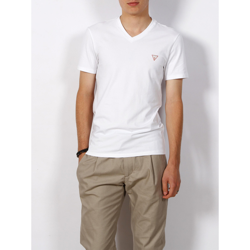 T-shirt éco col v core logo blanc homme - Guess