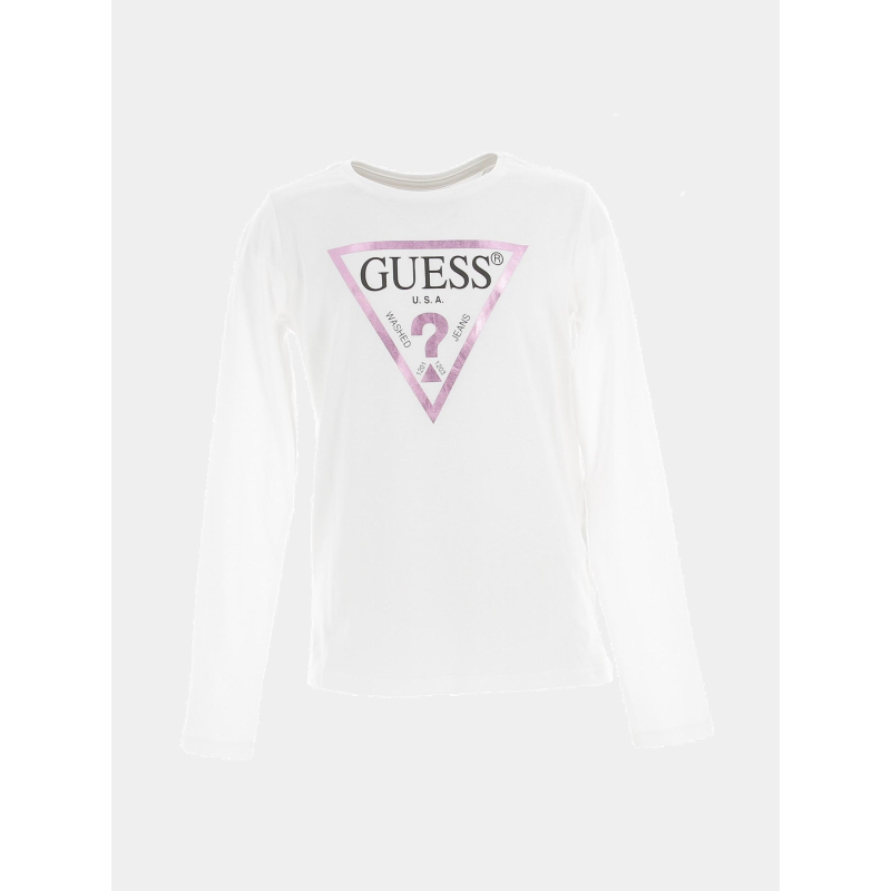 T-shirt à manches longues logo rose blanc enfant - Guess