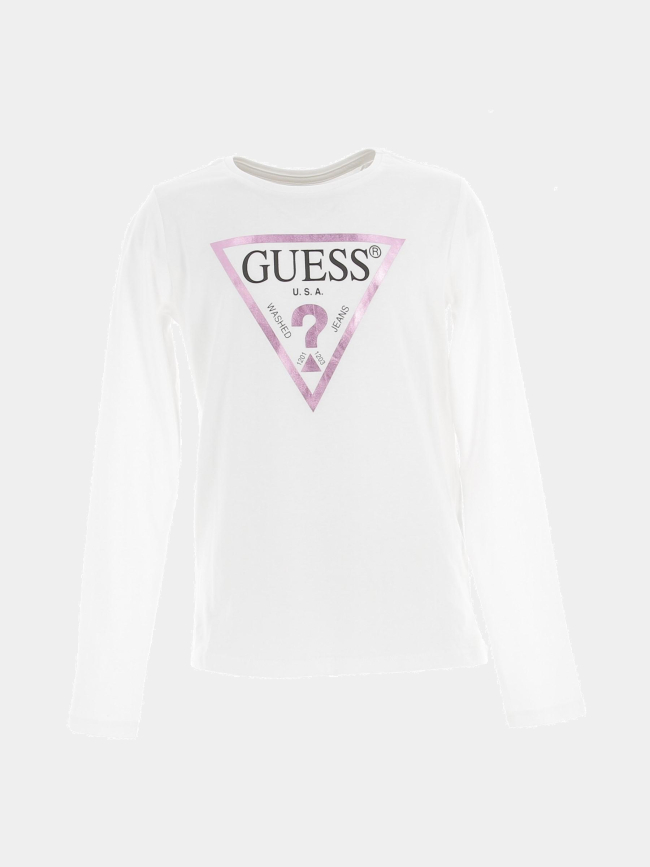 T-shirt à manches longues logo rose blanc enfant - Guess