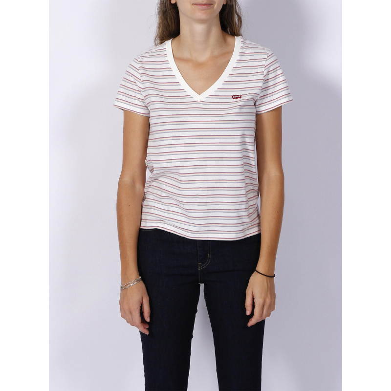 T-shirt perfect v-neck à rayures blanc femme - Levis