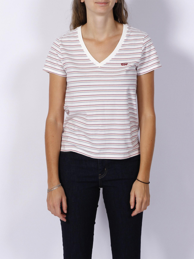 T-shirt perfect v-neck à rayures blanc femme - Levis