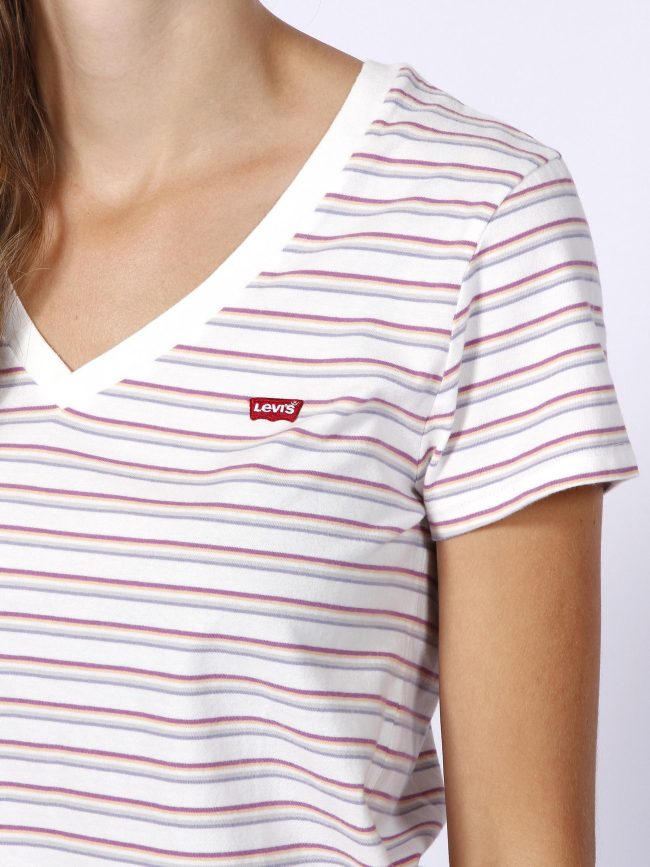 T-shirt perfect v-neck à rayures blanc femme - Levis