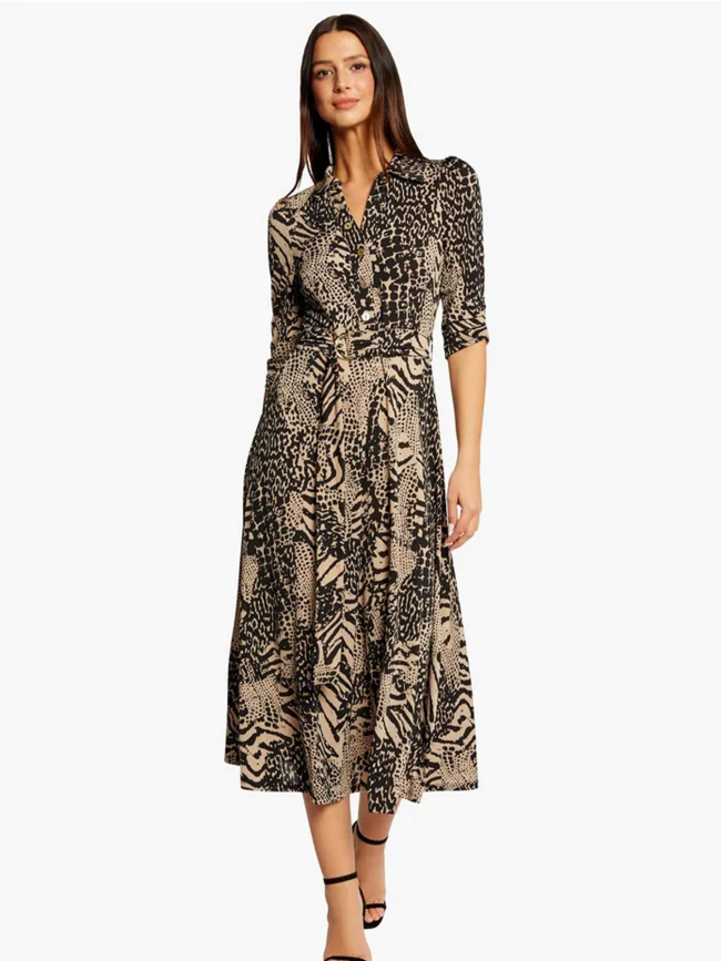 Robe midi fluide imprimés marron femme - Morgan