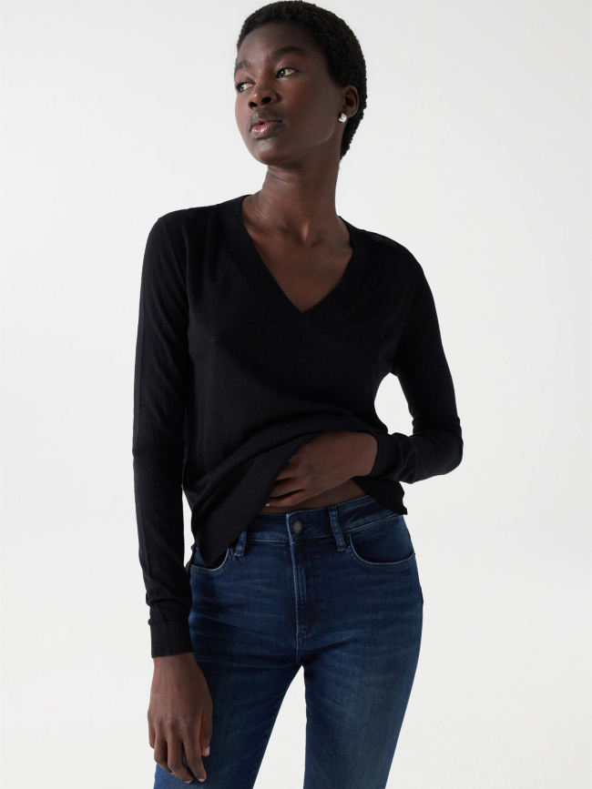 Pull en laine fin col v noir femme - Salsa