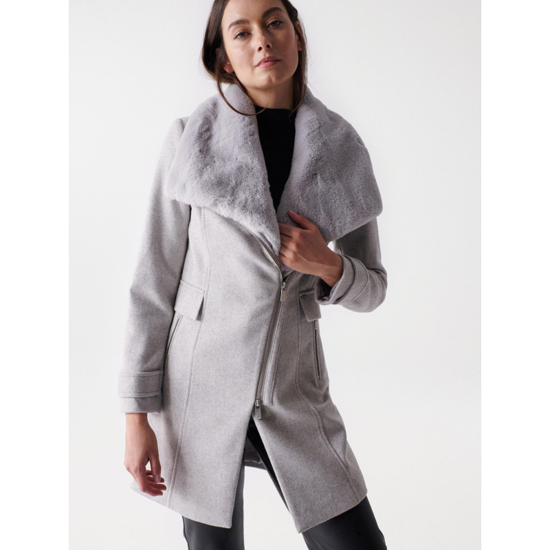 Manteau en laine col fourrure gris femme - Salsa
