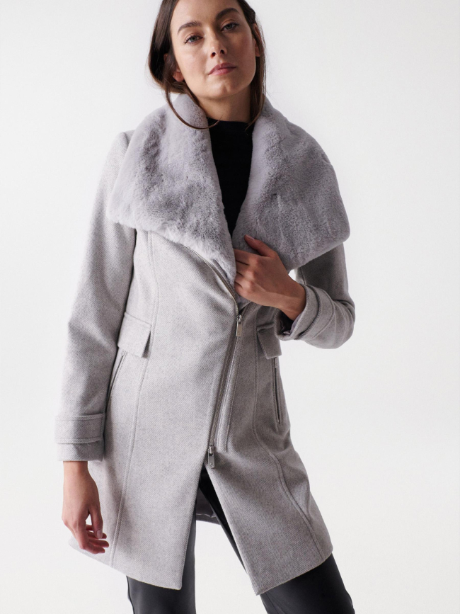 Manteau en laine col fourrure gris femme - Salsa