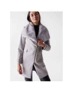 Manteau en laine col fourrure gris femme - Salsa