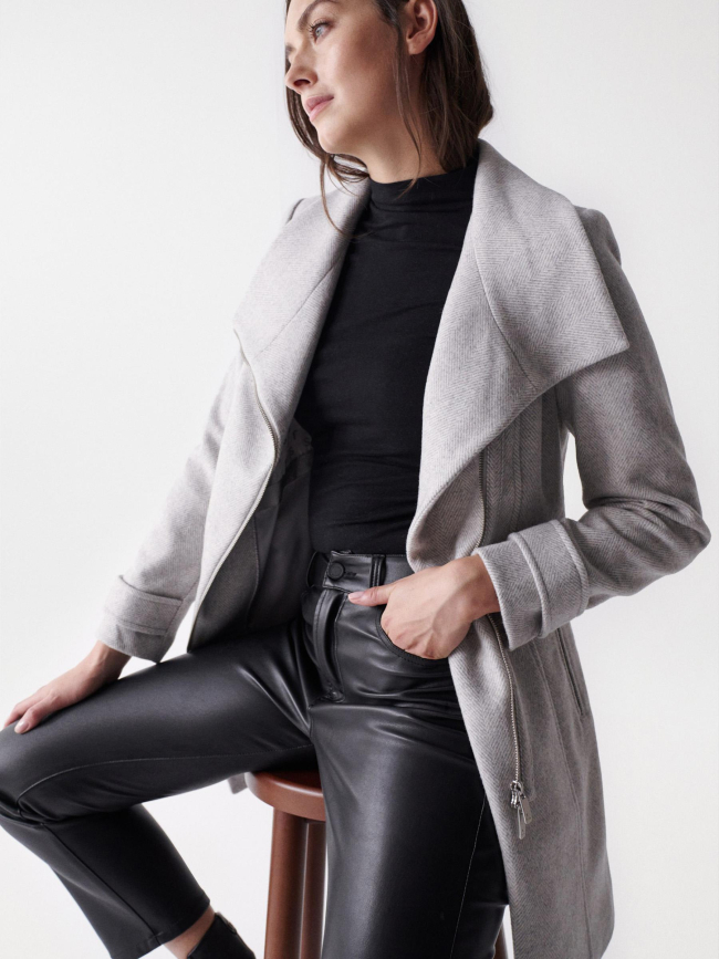 Manteau en laine col fourrure gris femme - Salsa