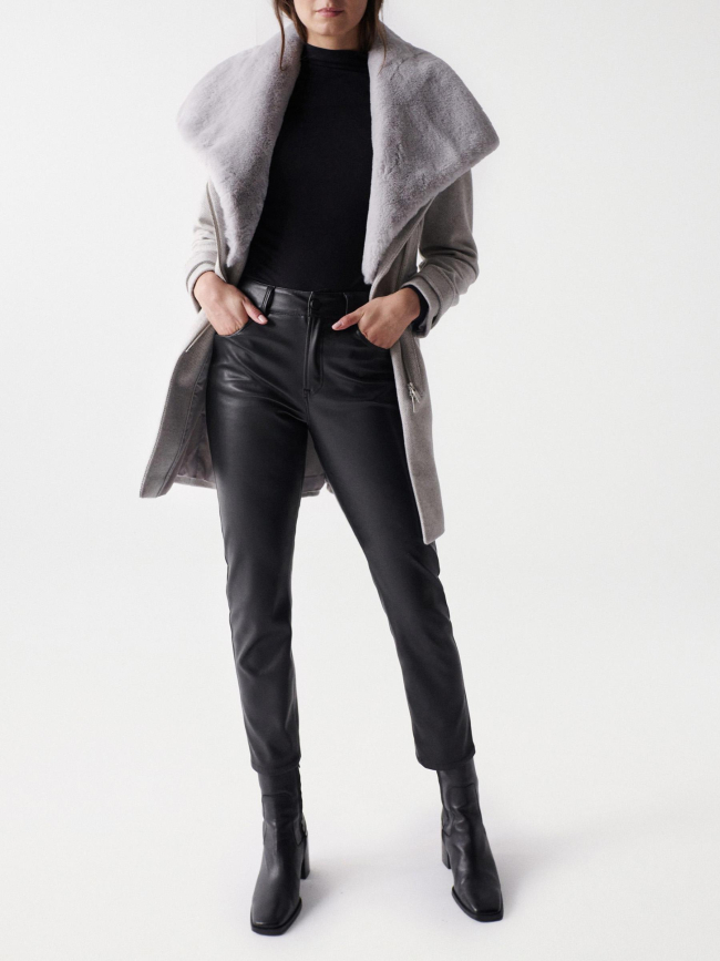 Manteau en laine col fourrure gris femme - Salsa