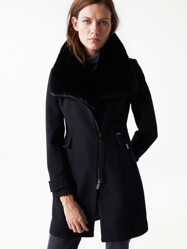 Manteau en laine col fourrure noir femme - Salsa