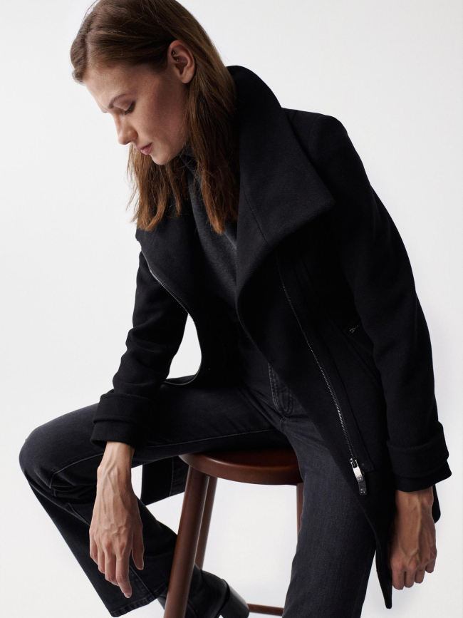 Manteau en laine col fourrure noir femme - Salsa