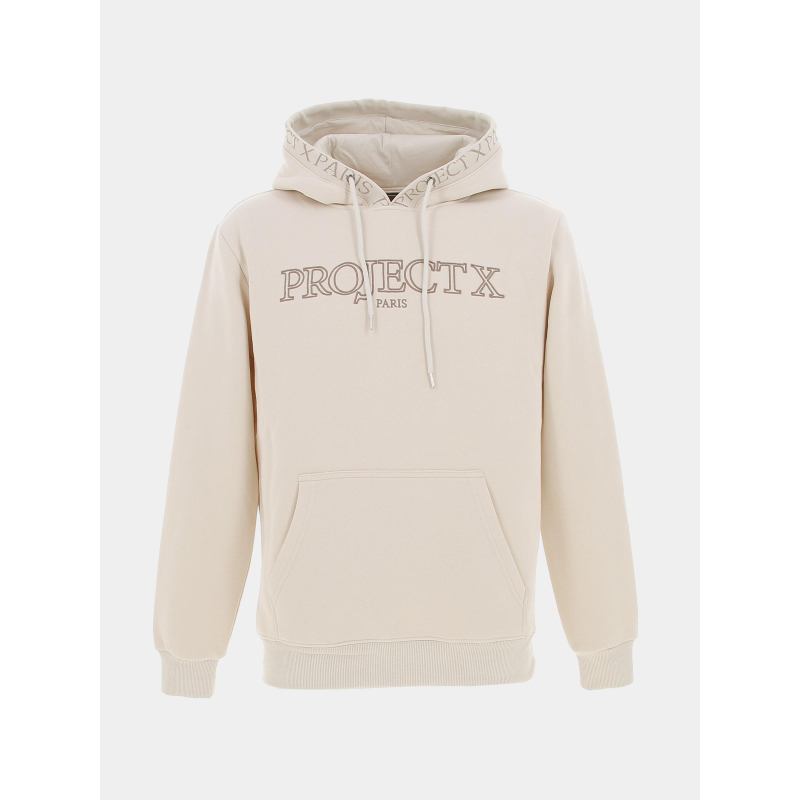 Sweat à capuche uni logo brodé beige homme - Project X Paris