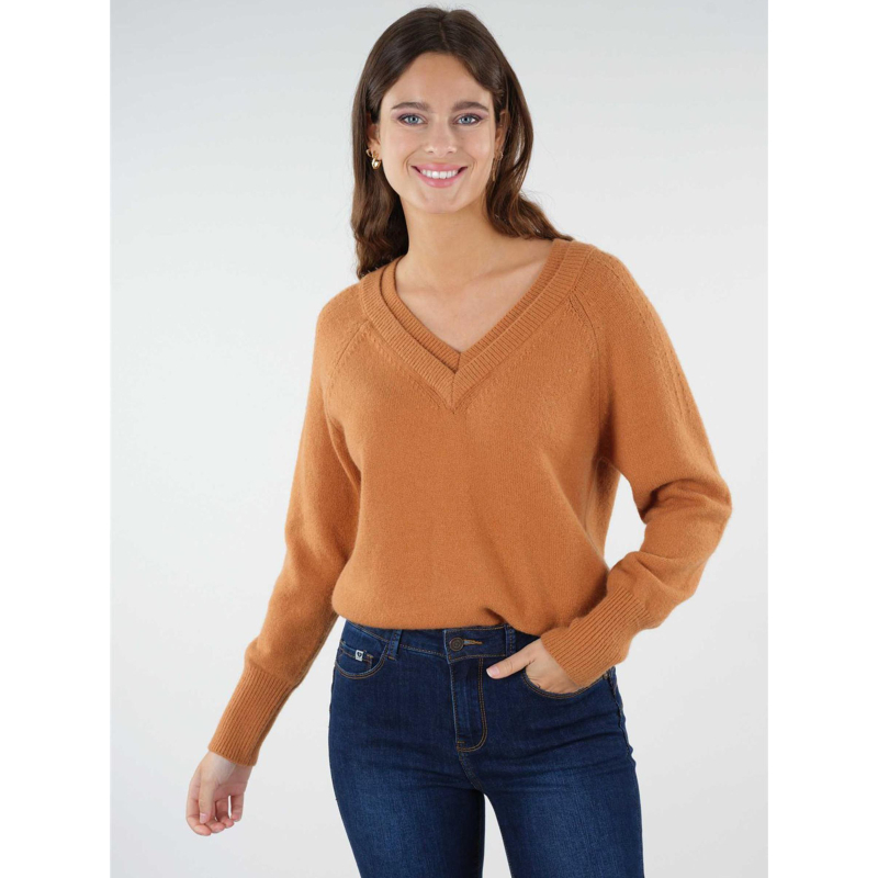 Pull double col v berilde camel femme - Deeluxe