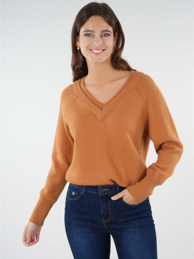 Pull double col v berilde camel femme - Deeluxe