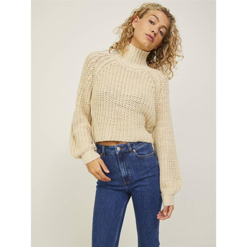 Pull crop col montant kelvy chunky beige femme - Jjxx