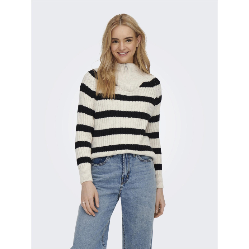 Pull rayé col montant zippé leise freya blanc femme - Only