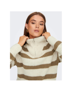 Pull rayé col montant zippé leise blanc beige femme - Only