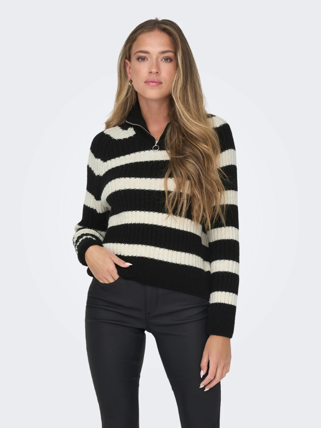 Pull rayé col zippé leise freya blanc/noir femme - Only