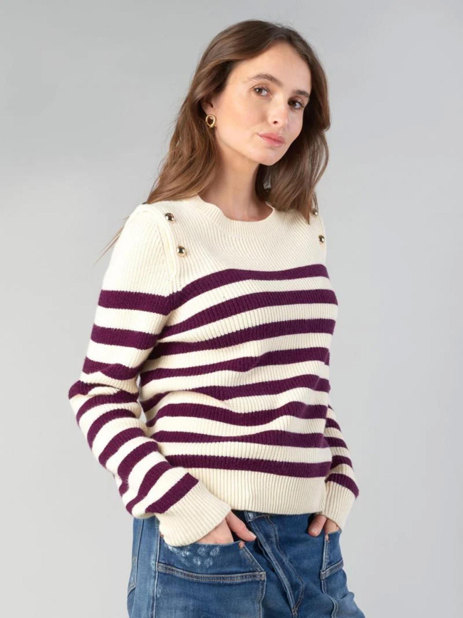 Pull fania à rayures violet crème femme - Le Temps Des Cerises