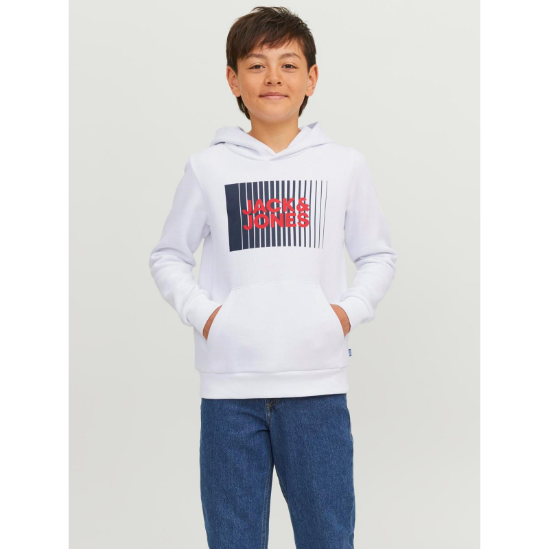 Sweat à capuche corp logo rayures blanc enfant - Jack & Jones