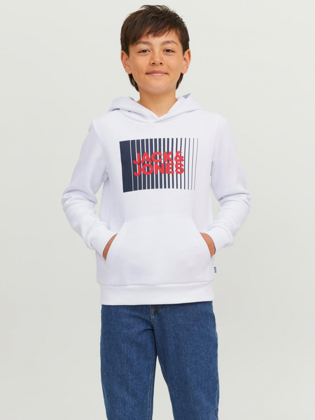 Sweat à capuche corp logo rayures blanc enfant - Jack & Jones