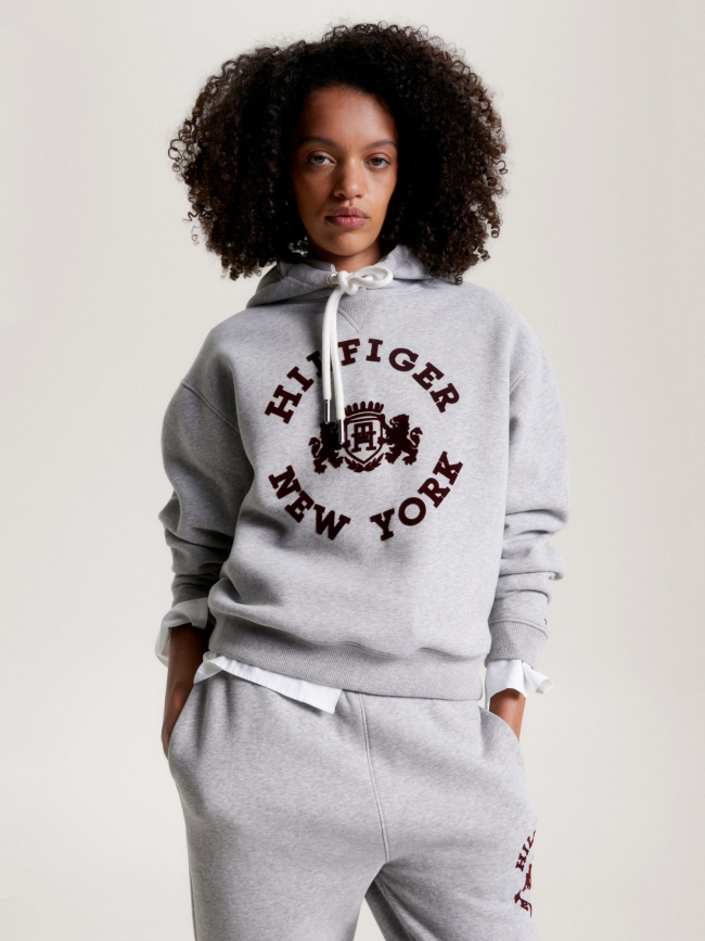 Sweat à capuche varsity flock gris chiné femme - Tommy Hilfiger